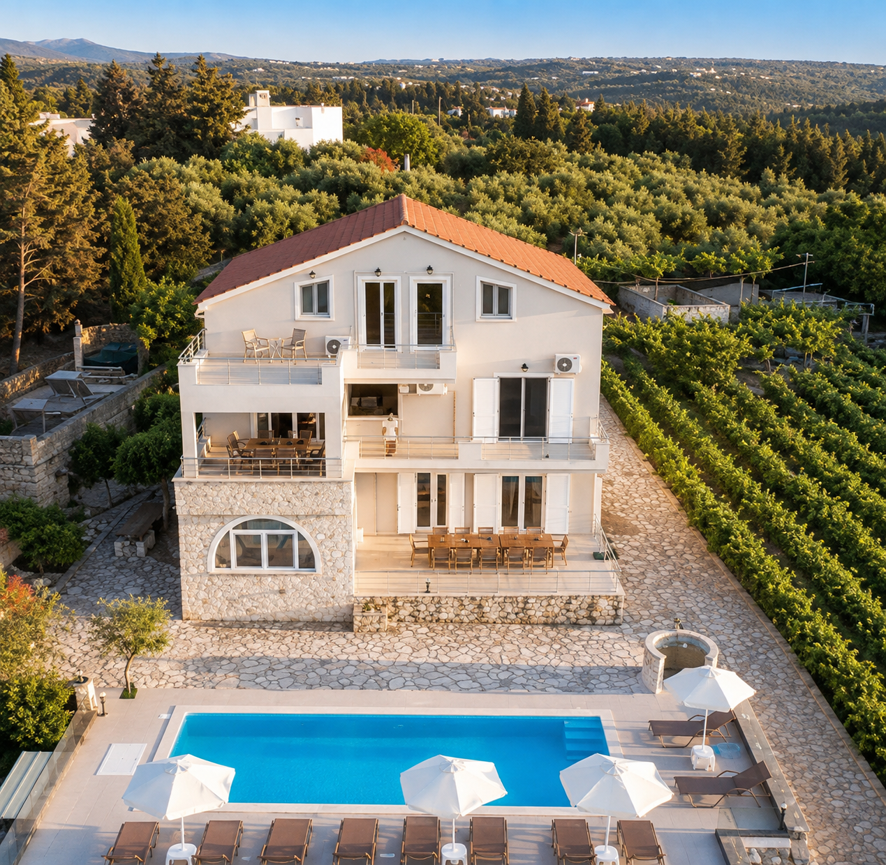 Family Villa — pool terrace, sea view, bedrooms, dining loggia
